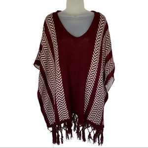 Aztec Southwest Burgundy Poncho Sweater Tassel Western Maroon Sweater Boho